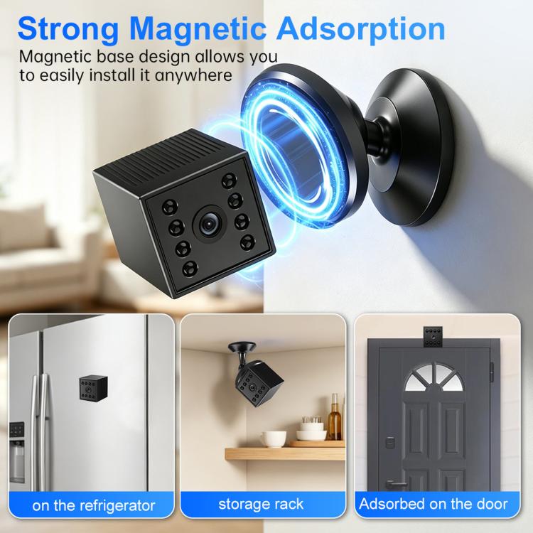 Magnetic base security camera attached to door and refrigerator surfaces, blue light ring