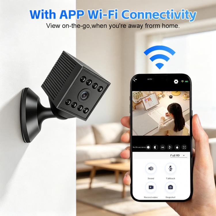 Black mini WiFi security camera with magnetic mount and smartphone live-view screen