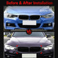 Before-and-after front grille collage: twin black kidney grilles with chrome slats.