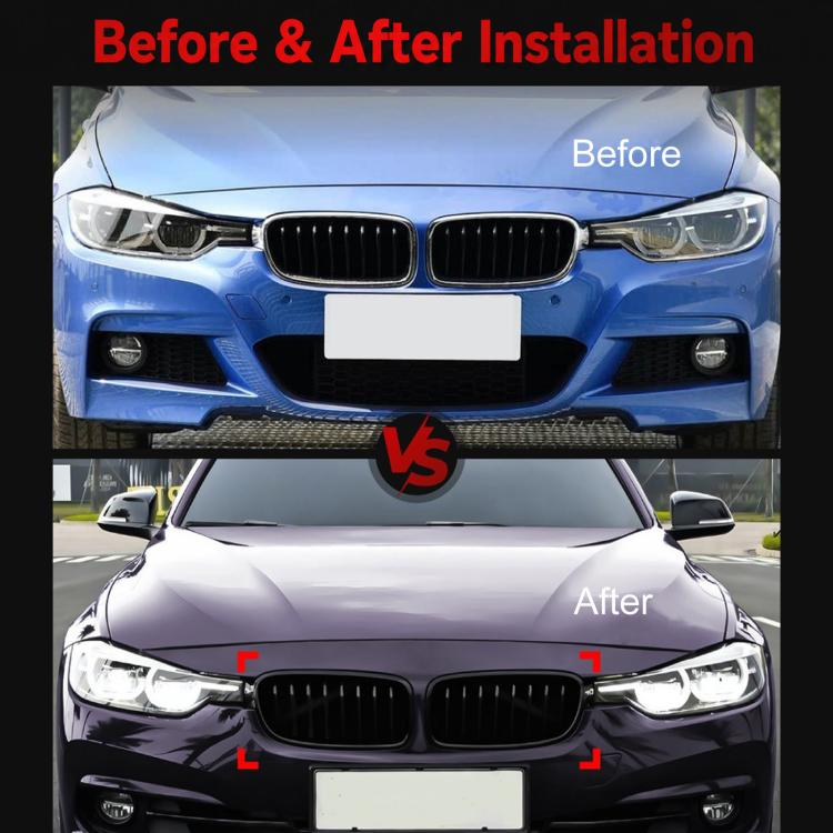 Before-and-after front grille collage: twin black kidney grilles with chrome slats.