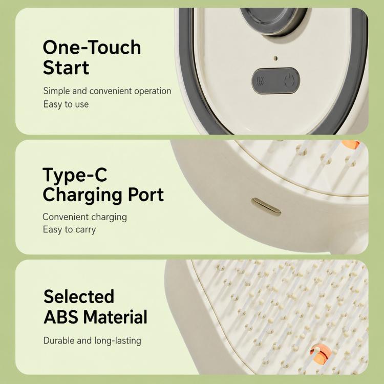 White electric spray hair brush showing start button, Type-C port, and bristle plate