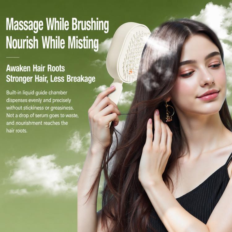 Cream electric hair spray massage brush holding hair while mist sprays from head
