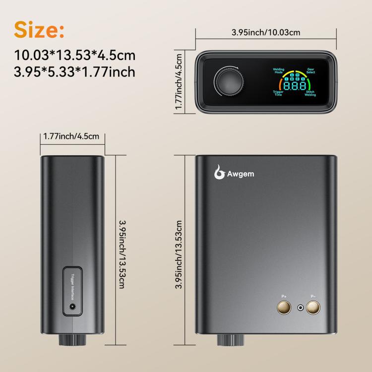 Portable spot welder size diagram showing front controls and rear connection panel