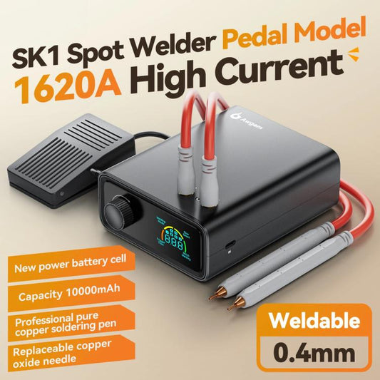 Portable spot welder with two electrode holders, red cables, and digital screen