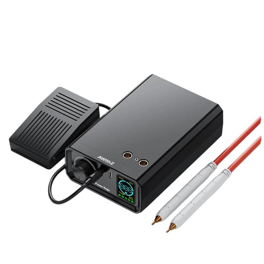 Portable handheld spot welder with digital display, cables, and electrode pens