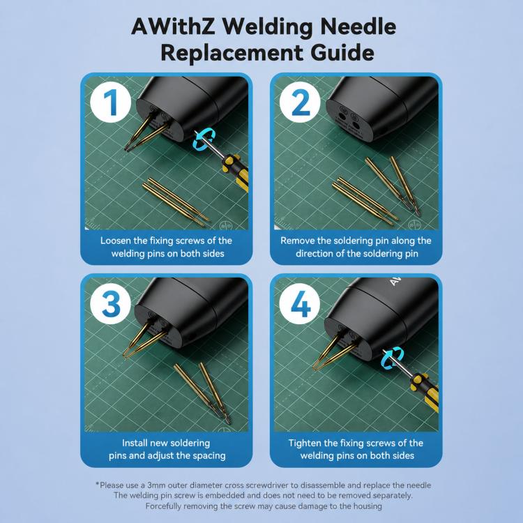 Welding needle replacement guide for handheld spot welder with soldering pins