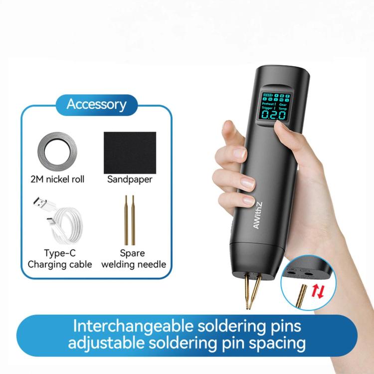 Handheld spot welder with color screen, spare welding needle, and Type-C cable