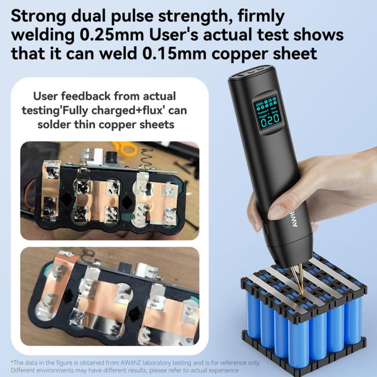 Handheld spot welder with color screen and dual pins, welding over stacked battery cells