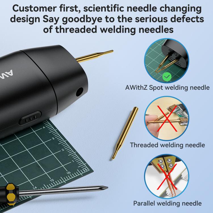 Spot welding needle tips with connector on handheld welder, black casing and gold pins