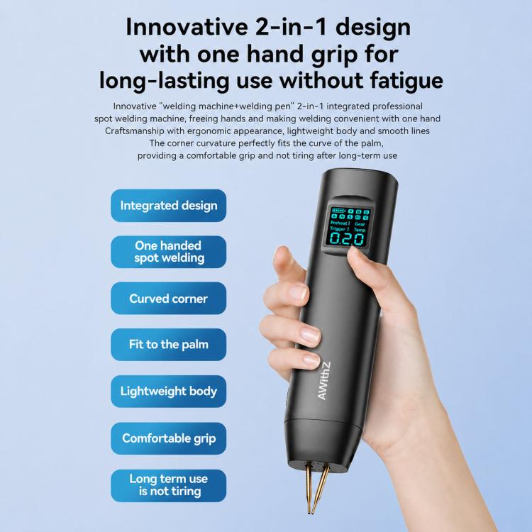 Handheld spot welder with curved grip and color screen, dual pins at the bottom