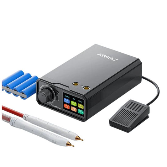Portable spot welder with color display, welding controls, and connected foot pedal