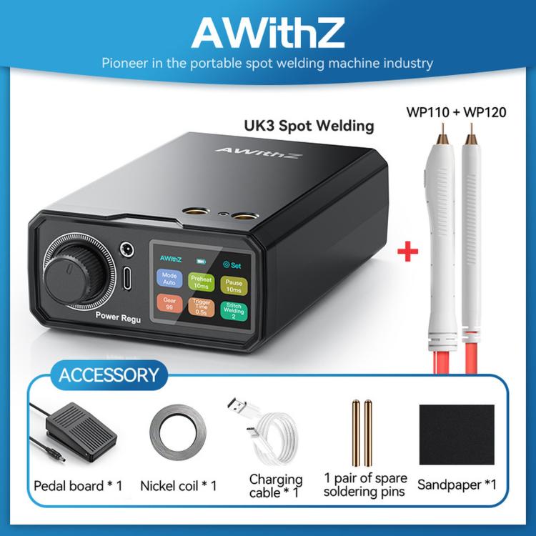 Spot welding kit with portable welder, charging cable, spare parts, and sandpaper