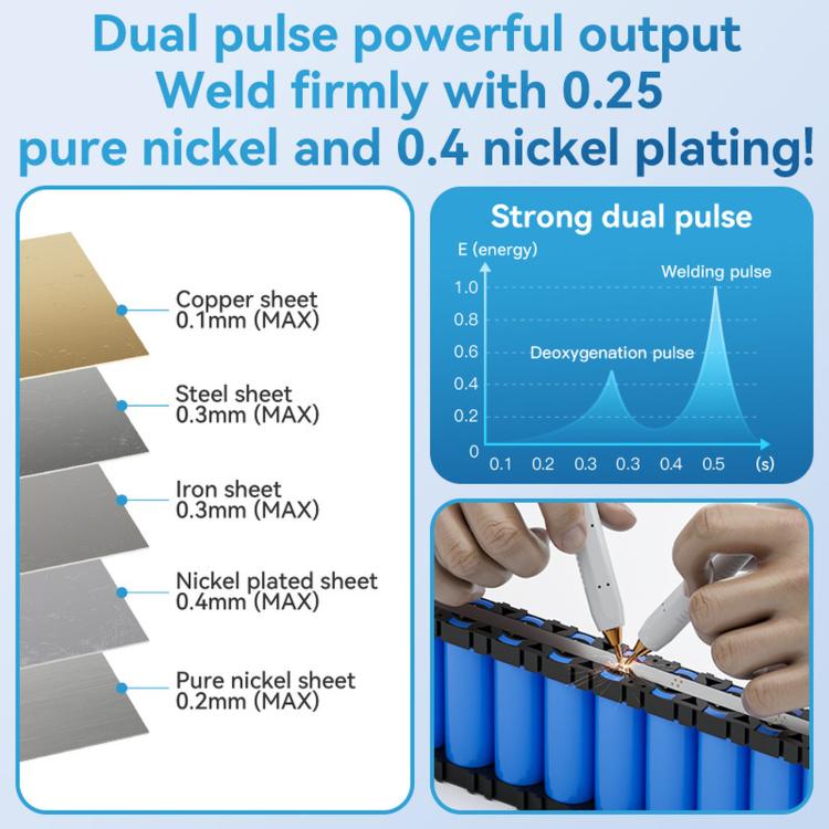 Dual pulse spot welding machine with welding needle and metal thickness diagram