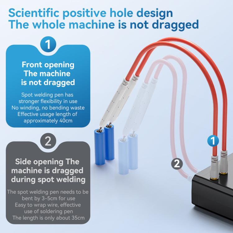 Spot welder design with front opening and side opening pens, red cable connections