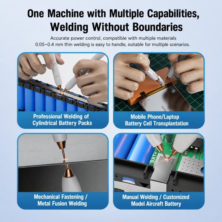 Portable spot welder with welding pen tips and shown use cases for battery packs