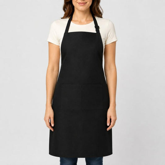 Black polyester chef bib apron with pockets and adjustable neck strap, water-resistant