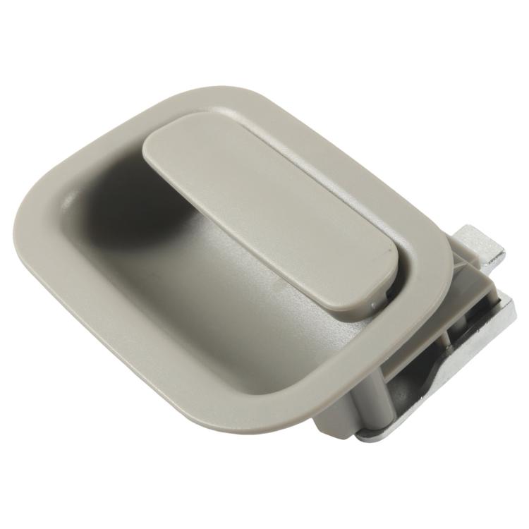 Light gray interior door handle with mounting base, angled side view
