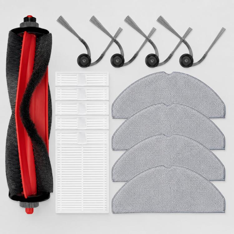 Robotic vacuum replacement accessory kit with side brushes, gray mop pads, and white filters