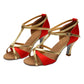 Women's Latin dance sandals, red satin with gold trim and buckles, 2-inch mid heel