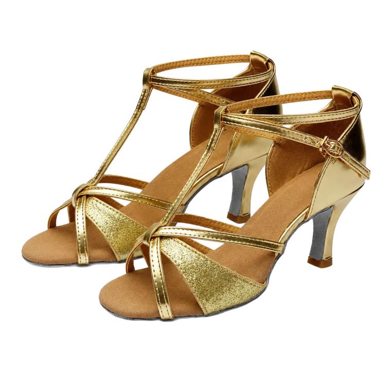 Women's Latin dance sandals, gold glitter with strappy buckles and 2-inch mid heel