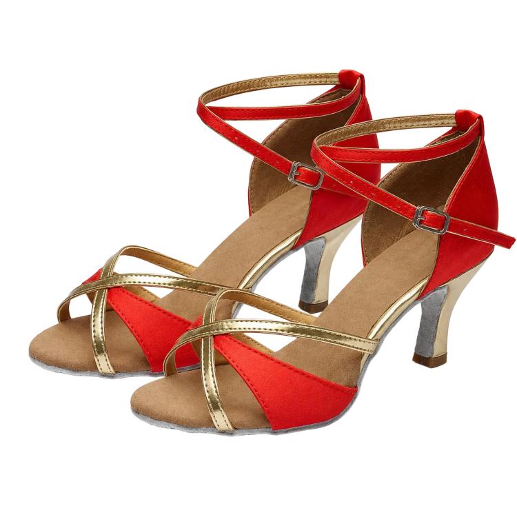 Strappy peep-toe dance sandals, red satin with gold trim, mid heel, buckle strap