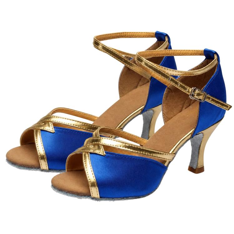 Women’s Latin dance sandals with ankle strap, blue with gold trim, 2-inch mid heels