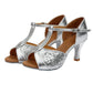 Women’s Latin dance sandals with silver glitter straps, suede lining, mid heels, buckle closure