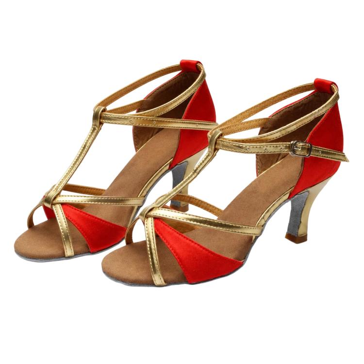 Women’s Latin dance sandals, red and gold straps with buckle and tan suede sole.