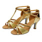 Gold glitter strappy ballroom dance sandals with buckle ankle strap and mid heels