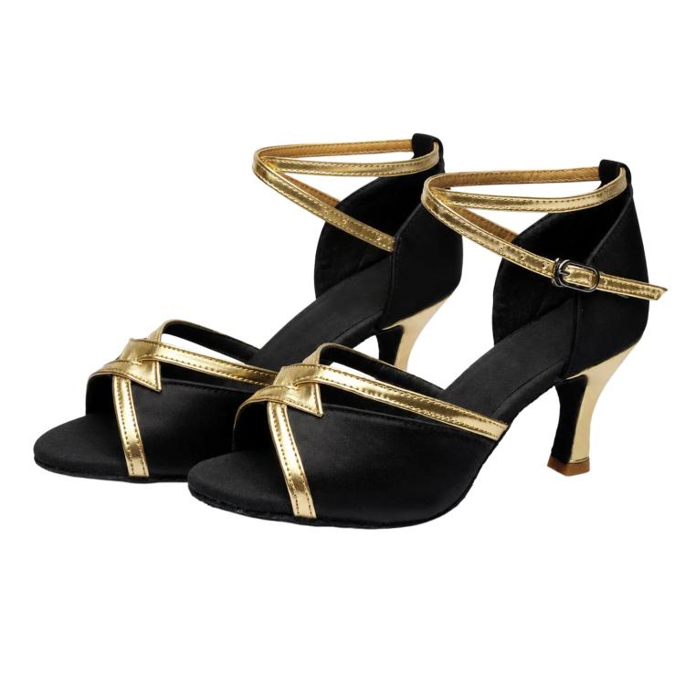 Women’s ballroom dance sandals with black satin upper, gold-trim straps, mid heel