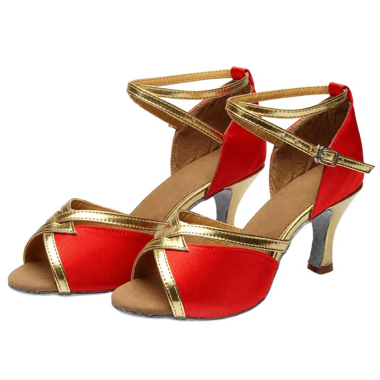Women’s ballroom dance sandals with red satin upper, gold trim, mid heel
