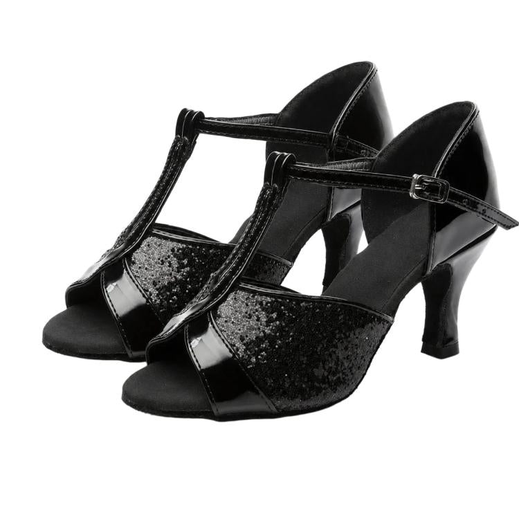 Women’s ballroom dance sandals with black satin upper, glossy straps, mid heel