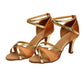Women’s strappy ballroom dance sandals, brown with gold trim, mid heel, suede sole