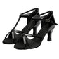 Women’s strappy ballroom dance sandals, black with silver trim, mid heel, suede sole