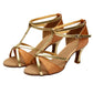 Women’s strappy ballroom dance sandals, tan with gold trim, mid heel, suede sole