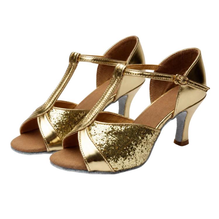 Gold satin strappy ballroom sandals with glitter vamp, buckle, and mid heel suede sole