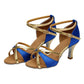 Women’s satin strappy ballroom dance heels with gold trim, blue uppers, suede sole