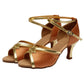 Pair of brown satin strappy dance sandals with mid heels and suede soles