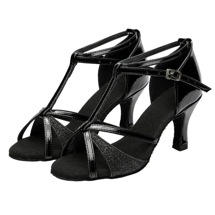 Black strappy Latin dance heels with buckle closure and suede sole