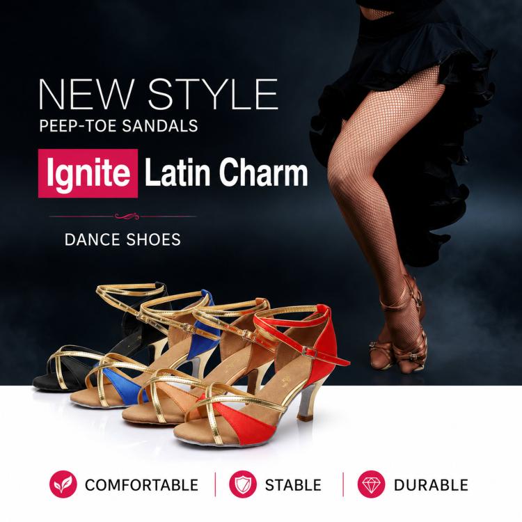 Strappy Latin dance sandals with mid heels, multiple color pairs shown