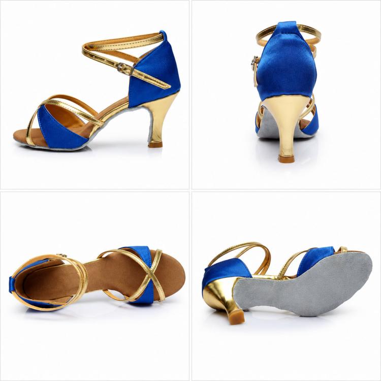 Blue and gold strappy Latin dance sandals with mid heel and buckle ankle strap