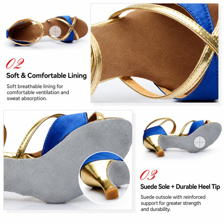 Blue Latin dance sandal showing suede sole and cushioned insole lining