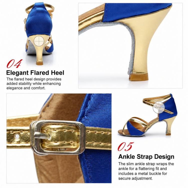 Blue Latin dance sandal with flared heel design and adjustable ankle strap