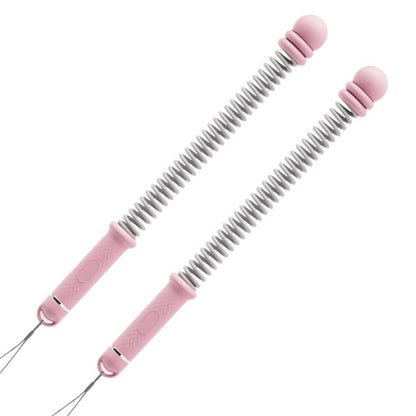 Pink cordless battle rope with foam end grips and steel spring, wrist strap included