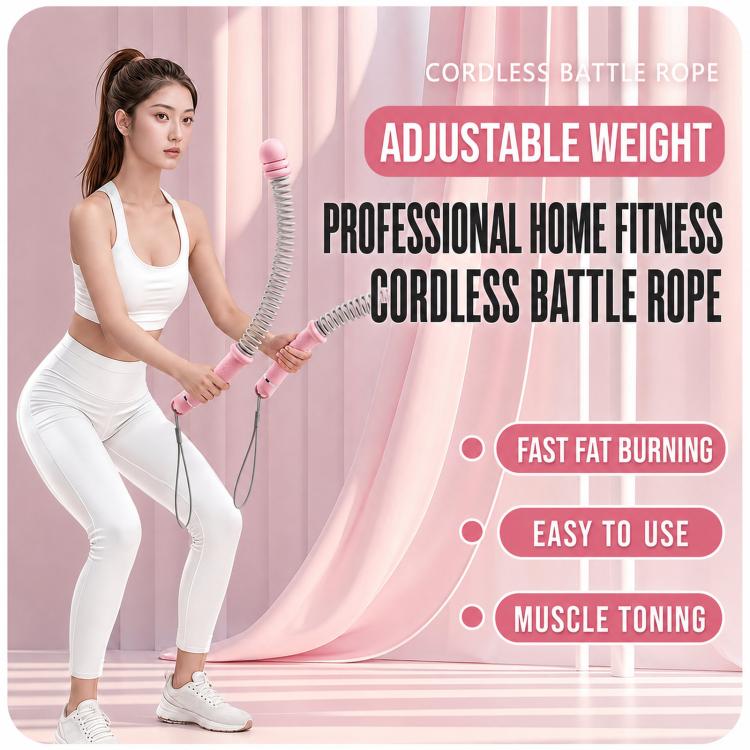 Pink cordless battle rope with foam grips used during home arm workout
