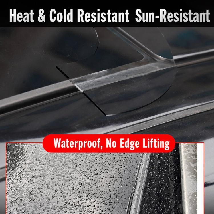 Transparent sealing tape along sunroof track with droplet-like water detail