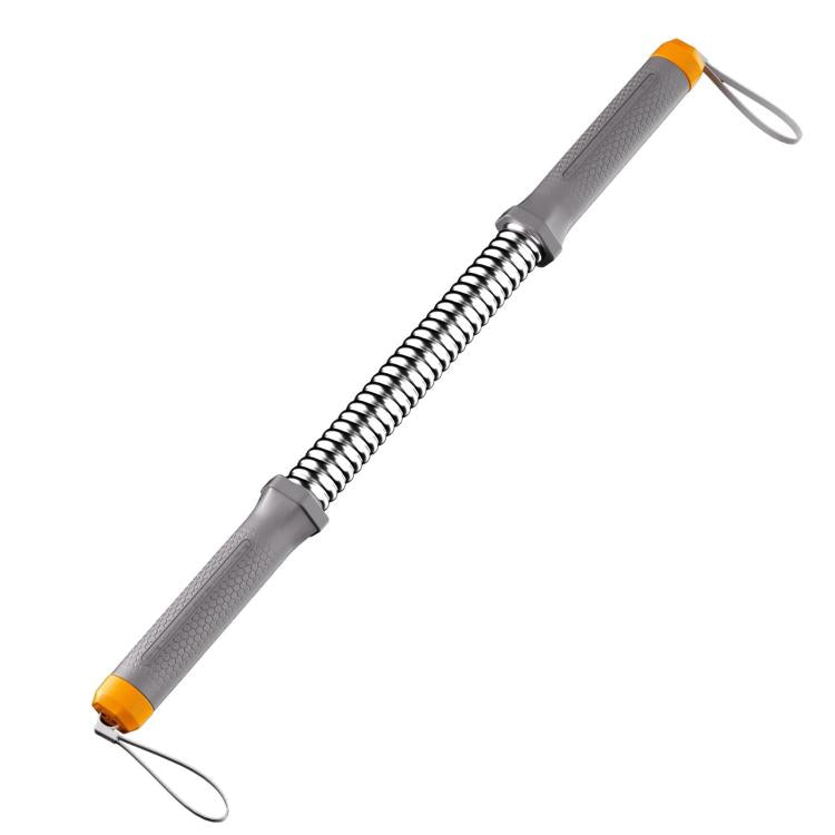 Adjustable spring arm exerciser with grey handles, chrome spring coil, orange end caps