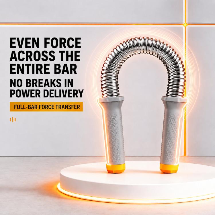 U-shaped spring arm exerciser with grey grips and orange end caps, chrome coil spring