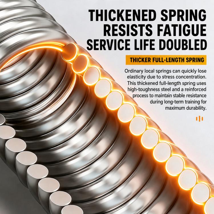 Close-up of chrome coil spring on spring arm exerciser with grey end grips