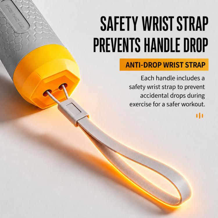 Spring arm exerciser end grip with safety wrist strap, grey handle and orange cap